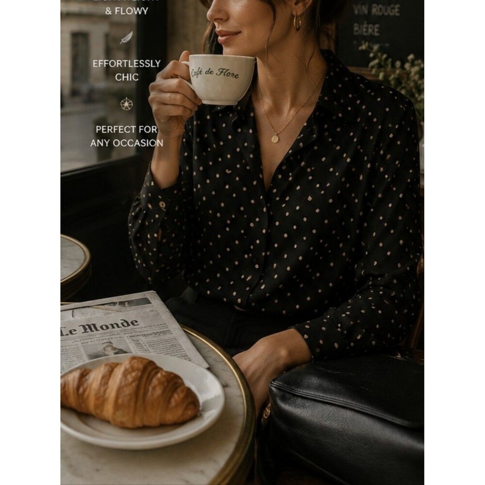 Black Tan L/S Polka Dots Top Blouse M Chiffon Sheer French Cool Girl Dark Academ